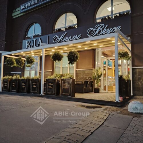 Фотографии выполненных работ компании «ABIE-GROUP» Алюминиевой перголы со сдвижным тентом и led подсветкой. г.Москва