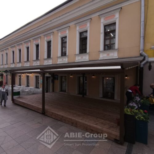 Фотографии выполненных работ компании «ABIE-GROUP» Алюминиевой перголы со сдвижным тентом для итальянского ресторана. г.Москва