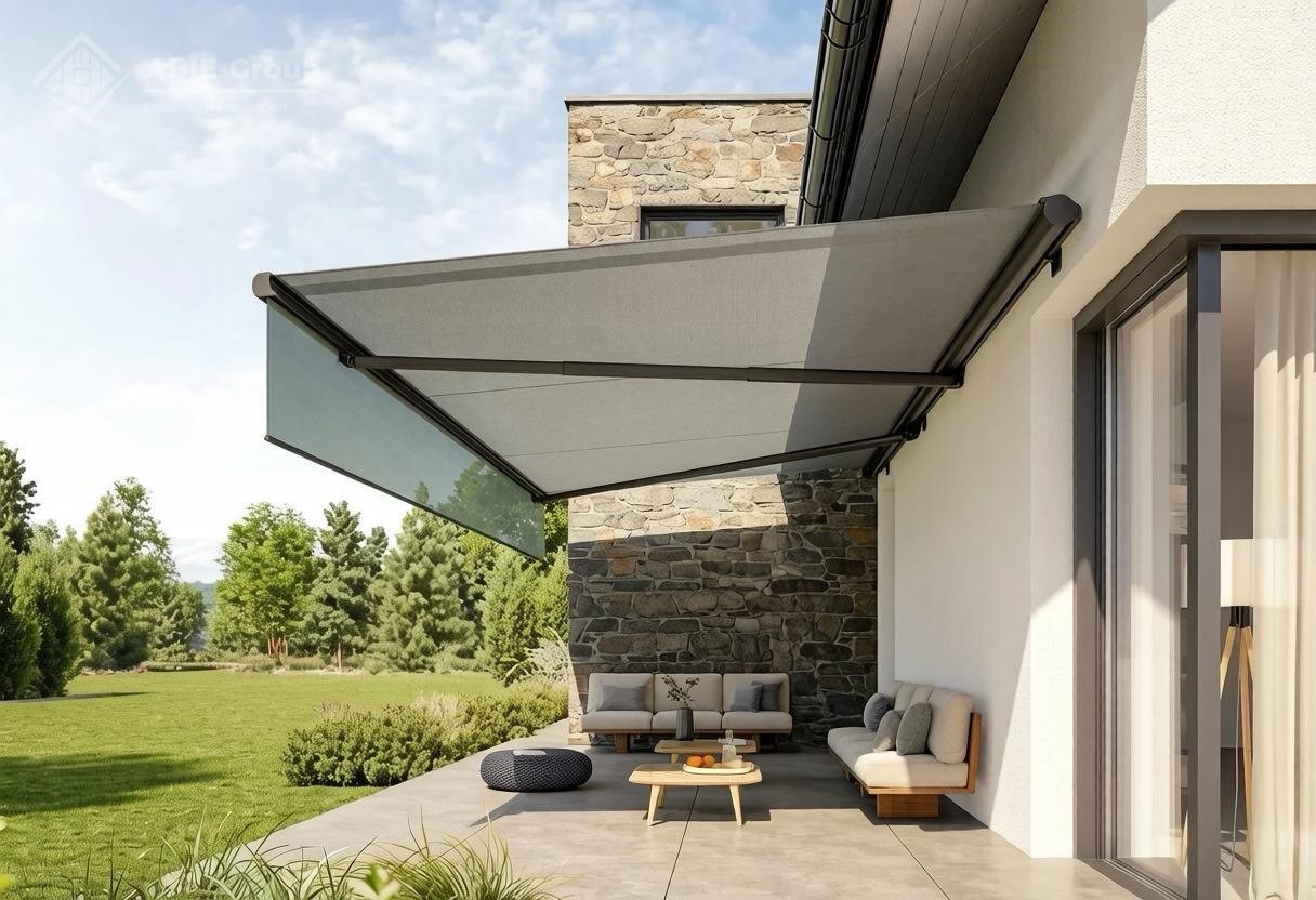 Кассетная маркиза с боковой защитой для лаунж-зоны у дома